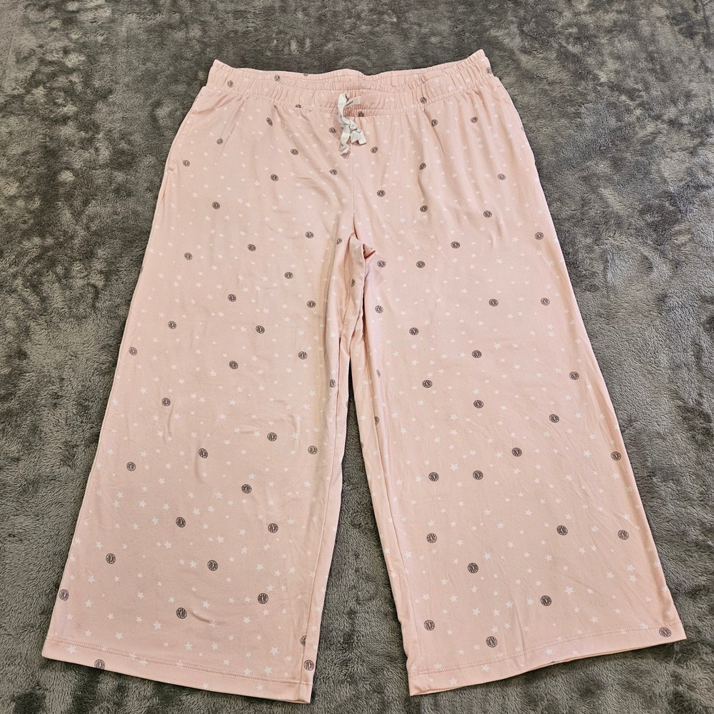 DKNY Capri Womens Pink Star Logo Print Wide Leg Pajama Sleep Pants Large